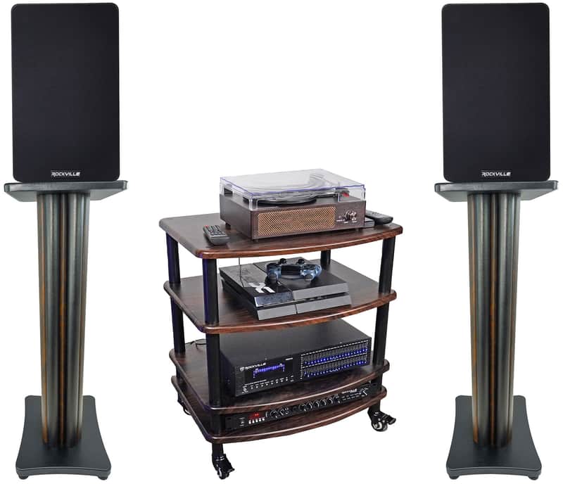 Pair Rockville RockShelf 58D Dark Wood 5.25" Bookshelf Speakers+28" Stands+Rack image 1