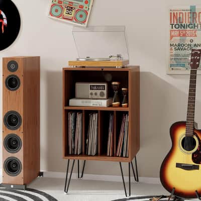 Record Player Stand w/ Charging Station Vinyl Storage Cabinet Turntable Table Holds 70-100 LPs Walnut image 2