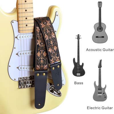 Guitar Strap, 2" Jacquard Embroidery Guitar Straps, Full Grain Leather Ends with Hidden Pocket, for Bass, Electric and Acoustic Guitars, Strap Button, Strap Locks and Guitar Picks image 3