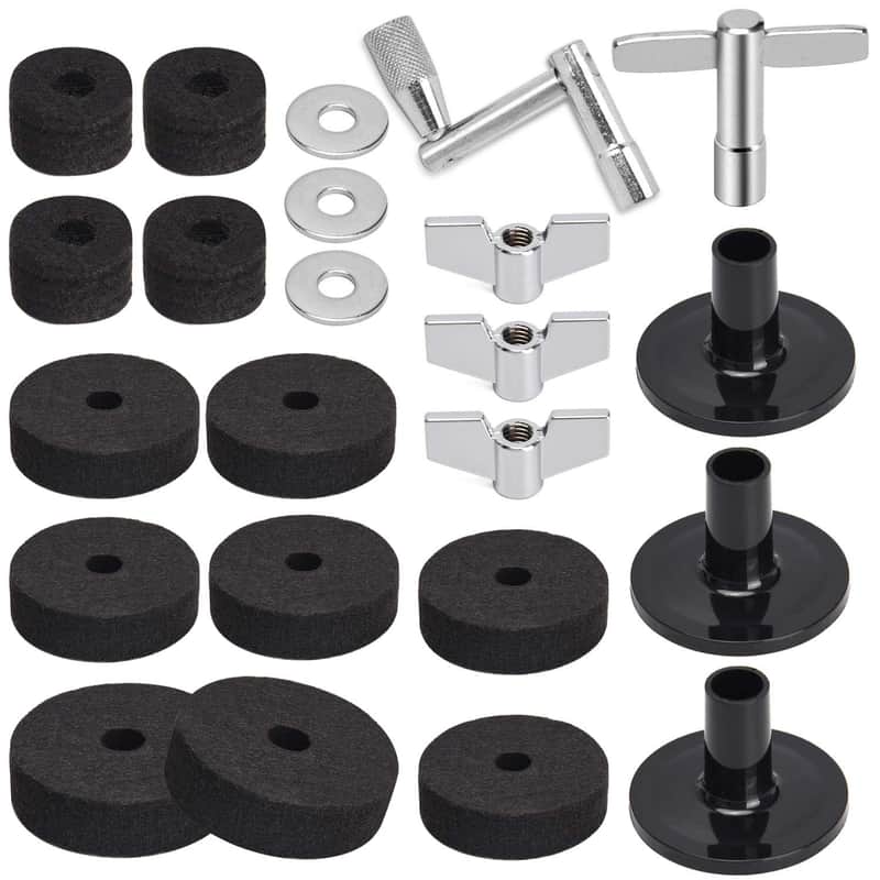 23Pcs Cymbal Replacement Accessories, Cymbal Stand Felts, Drum Felt Pads Include Wing Nuts, Washers, Sleeves & Drum Key Accessory Set - Black image 1