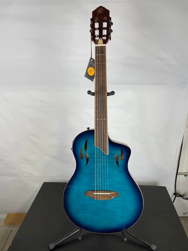 Ortega Tourplayer Thinline Acoustic-Electric Classical Guitar, Flamed Maple Top, Blue image 1