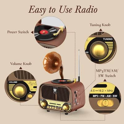 Retro AM/FM/SW Radio Bluetooth Speaker 5W Vintage Gramophone Style USB-C Rechargeable image 6