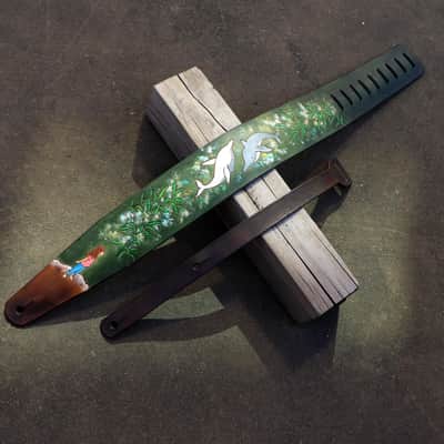 Burny Black Wide Guitar Strap 3.5" - dreaming girl green/brown made to order - oil image 1