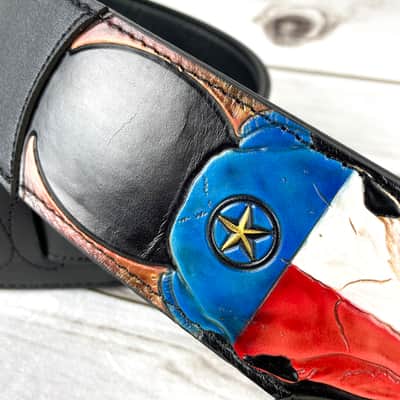 Walker And Williams CVG-19 Black Strap w/Hand Tooled Red, White, And Blue Texas Star Longhorn Design image 4