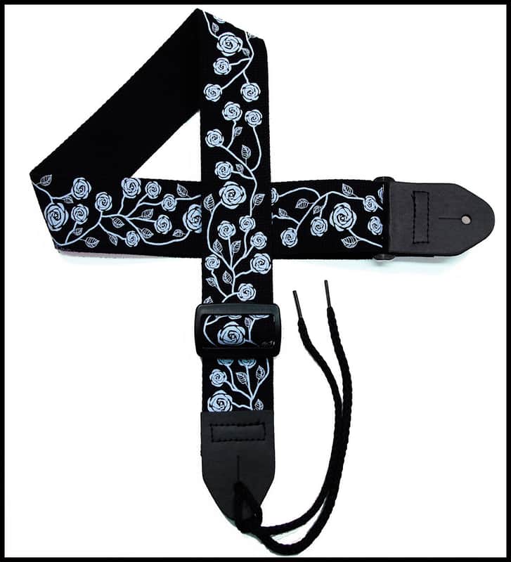 Girls Guitar Strap 2" Cotton Guitar Strap with Pastel Blue Roses on a Black Strap image 1