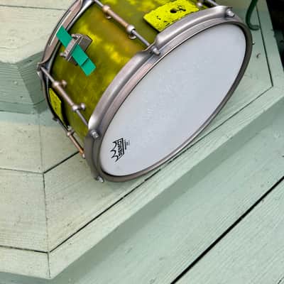 Custom Snare Drum 6” x 13” Maple and Bubinga shell 1999 - Retro funky distressed green image 2