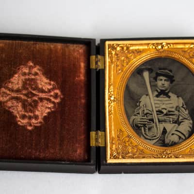 Ambrotype of  a Militia Regimental Band Musician with an "Over-The-Shoulder" Horn 1850s image 3