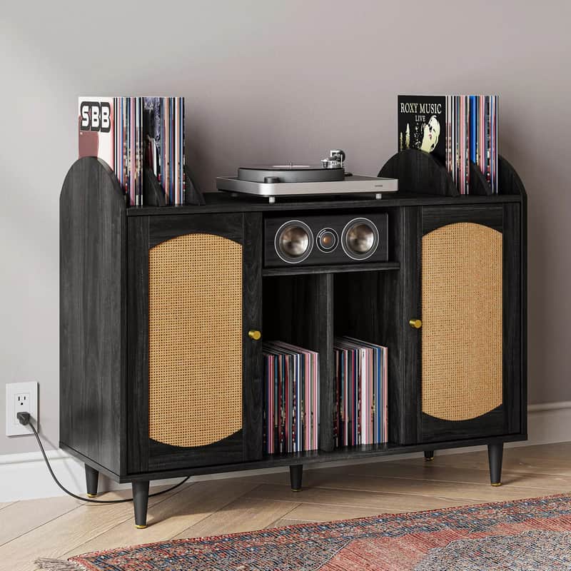 Record Player Stand & Vinyl Storage Cabinet – Mid-Century Modern Design, Brown with Wicker Rattan Doors image 1