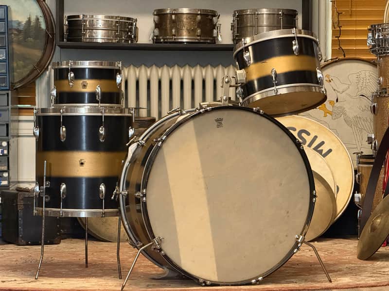 1940's WFL Black & Gold Duco 14x26 16x16 9x13  Drum Kit Zephyr Lug image 1
