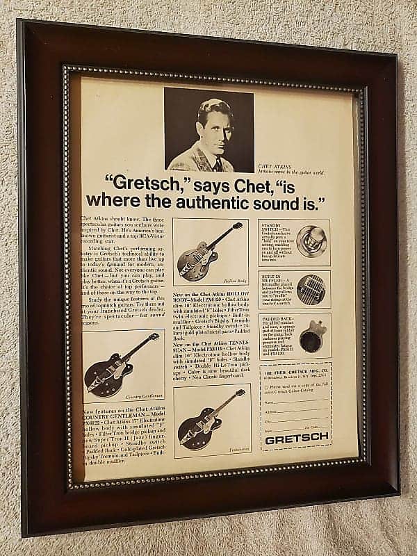 1966 Gretsch Promotional Ad Framed Chet Atkins Country Gentleman, Tennessean & Nashville Original image 1