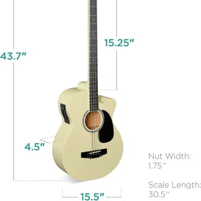 Acoustic Electric Bass Guitar, Full Size 4 String, Fretted Bass Guitar w/Padded Gig Bag - Cream White image 2