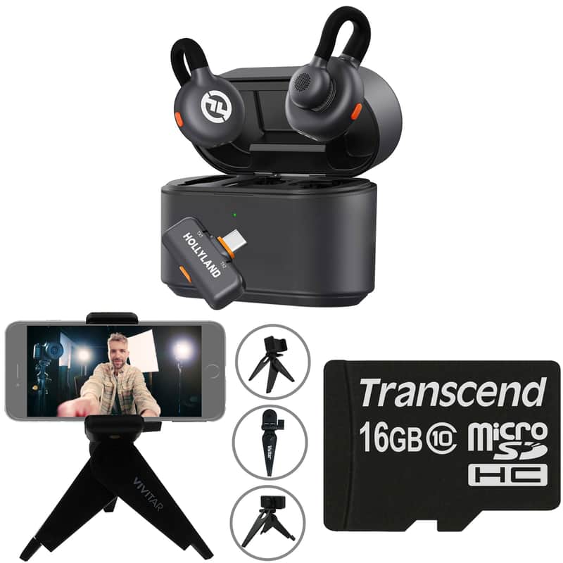 Hollyland LARK M2S DUO 2-Person Wireless Microphone System with USB-C Connector for Mobile Devices - Plug & Play (2.4 GHz, Space Gray) + Vivitar compact Selfie Video Tripod + 16GB Transcend MicroSD Memory Card with Adapter image 1