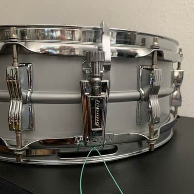 Ludwig L-404 Acrolite 5x14" 8-Lug Aluminum Snare Drum with Rounded Blue/Olive Badge 1979 - 1993 - Gray image 4
