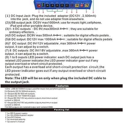 Mosky ISO8 Guitar Effect Pedal Power Supply Isolated USB Output DC 9V/12V/18V 300mA 500mA 1000mA Adjustable (Price includes the import duty for US buyer) image 4