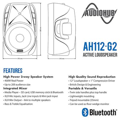 LANEY AH112 G2 Audiohub active enclosure 800W bluetooth 12" woofer and 1" compression driver Powered PA Powered PA Speaker image 6