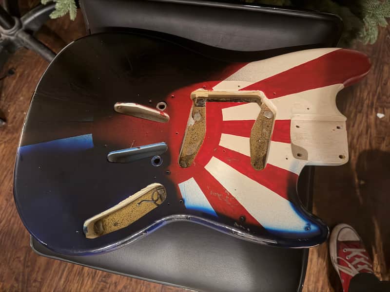1965 Fender Mustang Vintage Original Japanese Flag Refin Over Olympic White Rising Sun Electric Guitar Body w/ Pickguard image 1