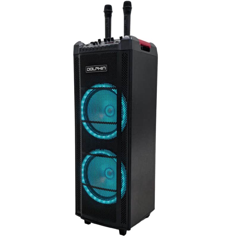 Dolphin SP-2130RBT Dual 12” Karaoke Machine – 5000W Power, 2 Wireless Mics, LED Lights, Bluetooth PA System image 1