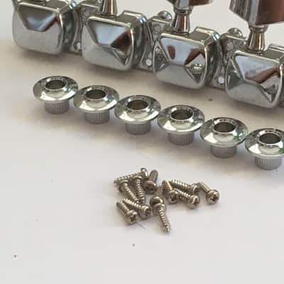 6 Complete Vintage Inline Electric Guitar Mounted Casing Gear Tuners + Bushings image 6