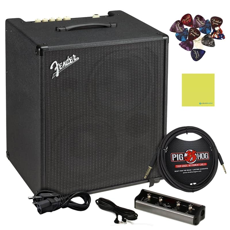 Mint Fender Rumble™ Stage 800 Bass Amplifier 120V, Black, 2376100000 Bundle w/ Pig Hog PCH10BK "Black Woven" Instrument Cable, Foot Switch, Power Cable, 12x Picks and Liquid Audio Polishing Cloth image 1