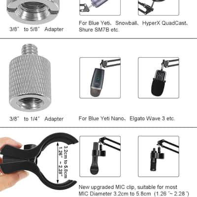 Mic Stand Boom Arm for Blue Yeti, Nano, HyperX and More Mic, Adjustable Boom Arm Desk Microphone Stand with 3/8" to 5/8" 1/4" Screw, Pop Filter Mic Clip Cable Ties image 3