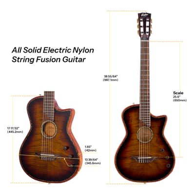 Bromo BEN2C Electric Nylon String Guitar, Thinline Fully Chambered Semi-Hollow Body Slim Neck Dual Pickup Stage Live Performance Fusion Classical Guitar with Hard Case (3 Tone Sunburst) image 4