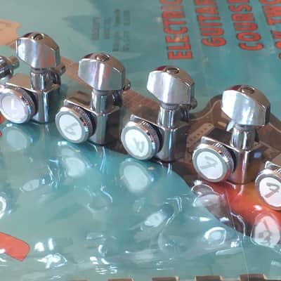 6 LEFTY Genuine Fender CHROME LOCKING Tuners Inline 2 Pin F Logo Machines Staggered NOS Left Hand Two-Pin Mount image 2