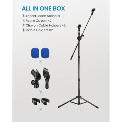 Microphone Stand, Tripod Boom Mic Stand With 2 Non-Slip Mic Clip Holders & 2 Foam Covers, Collapsible Adjustable Mic Stand For Singing, Karaoke, Stage And Outdoor Activities, Black, Mms-3 image 5