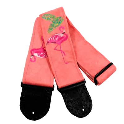 Embroidered Flamingos Guitar Strap on Coral Ultrasuede Artisan Handmade One of a Kind image 7