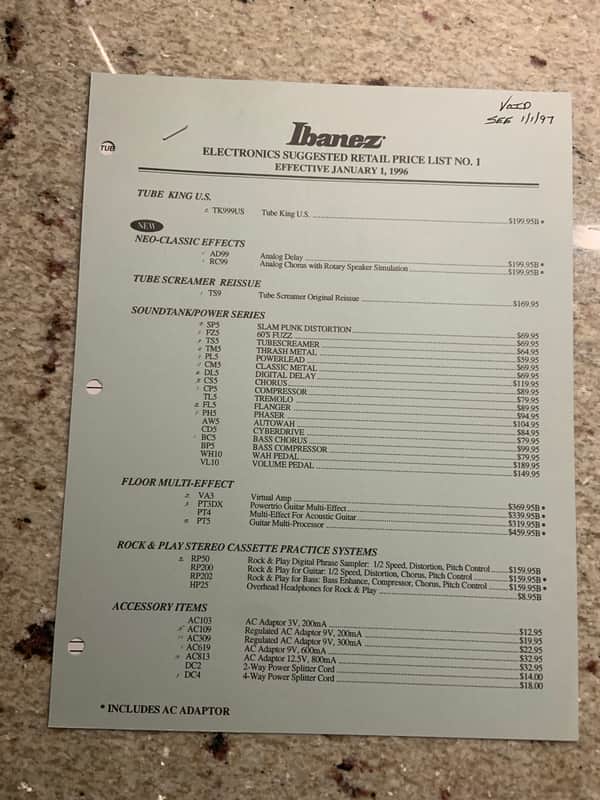 Vintage 1996 Ibanez Electronics Suggested Retail Price List! image 1