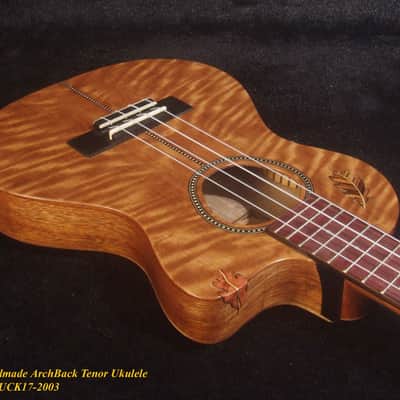Handmade ArchBack Tenor Ukulele, Solid Quilted Maple, Leaf decor, Soft-bag, Bruce Wei UCK17-2003 image 5