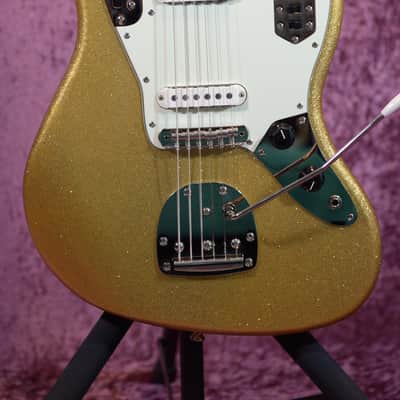2025 Squier Classic Vibe 70's Jaguar Gold Sparkle Matching Head CME Exclusive image 2