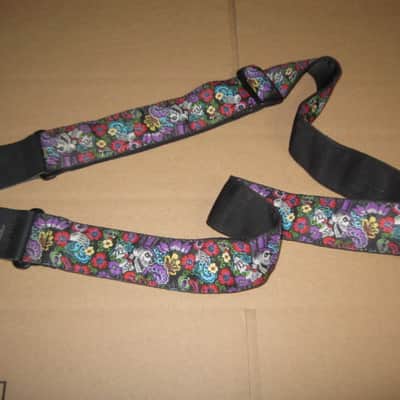 lightly used Perri's 2" Floral Skulls Jacquard Guitar Strap, TWS-7274, Floral Skulls High Quality Jacquard Ribbon Sewn on Tubular Webbing with Leather Ends, Adjustable length 39" to 58" (from early 2020s) image 1
