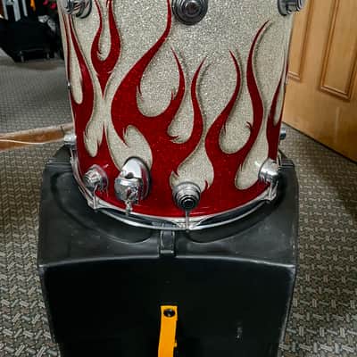 DW Collector's Series Drum Set - Rare Graphics kit in Red/silver sparkle tribal flames image 8