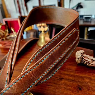 Hand Made, Hand Stitched Guitar strap "Rockatansky" in Taupe & Turquoise- Vegetable Tanned Leather image 22