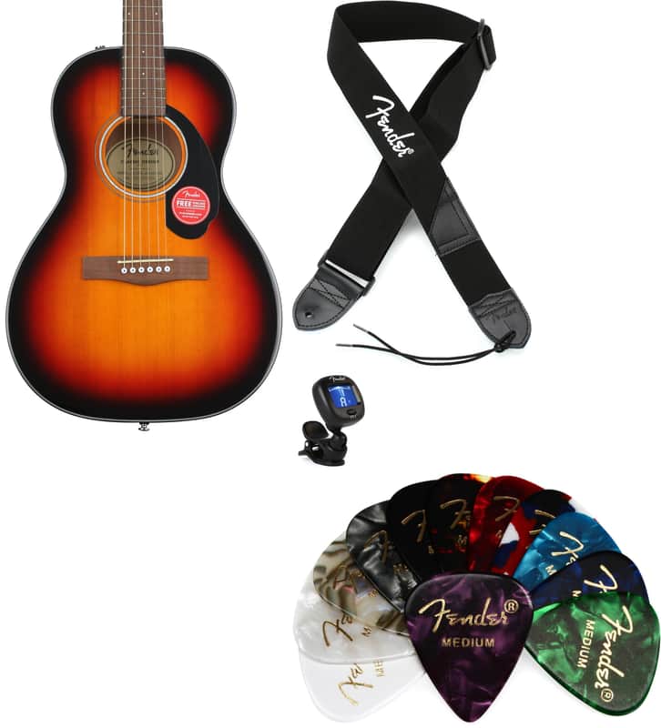 Fender CP-60S Parlor Acoustic Guitar - Sunburst Bundle with Fender 2" Polyester Logo Strap - Black with White Logo... (4 Items) image 1