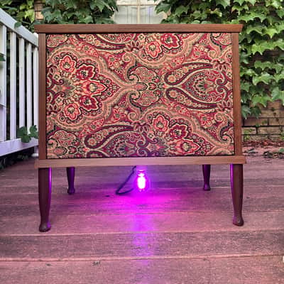 Rotary Connection 1x12 light up loaded guitar speaker cab on legs! Vintage 8 ohm speaker. Semi open. Quality hardwoods. Vintage MCM style. Paisley grill cloth. Heavy duty Switchcraft jack. 2026 - Wood image 7