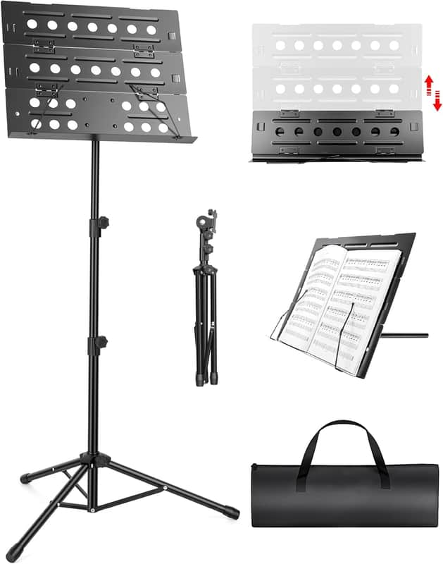 Music Stand, Foldable Sheet Music Stand with Tri-fold Panel & Carrying Bag, Height Adjustable up to 58.3" Metal Book Holder for Sitting/Standing, Professional Performance & Travel image 1