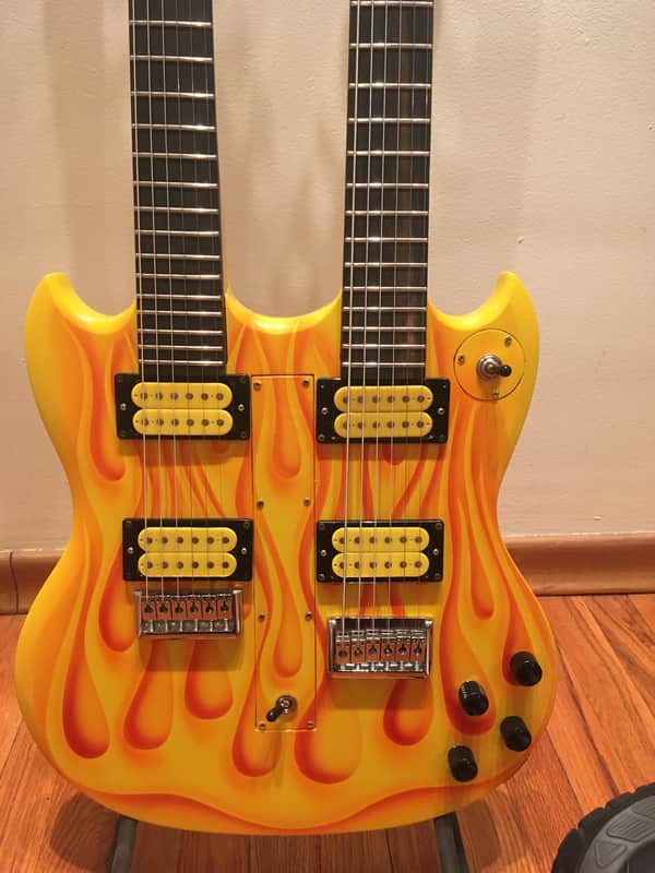 Custom Made 6 + 6 Baritone Solid Body Doubleneck Guitar 2022 Yellow w/ Flames image 1