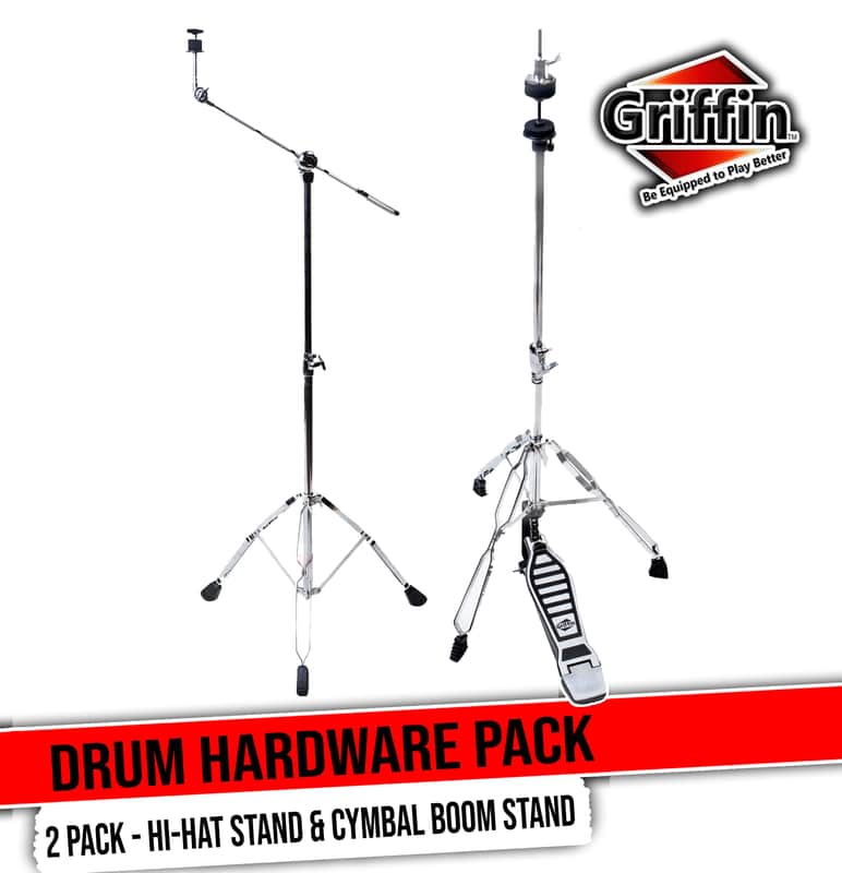 GRIFFIN Hi-Hat Pedal & Cymbal Boom Stand Kit (Percussion TiltPro X Edition) 2 Pack – Chrome Drum Hardware with Pull Chain, Counterweight & Double-Braced Legs image 1