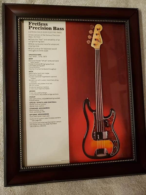 1970 Fender Guitars Promotional Ad Framed Fretless Precision Bass Original image 1