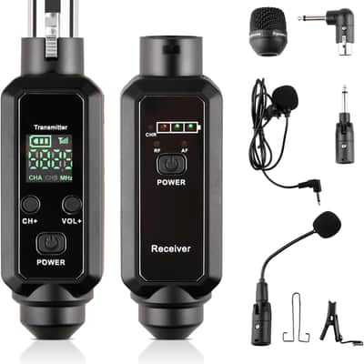 48V Phantom Power Wireless XLR System - 0V/5V/48V Switchable for Dynamic & Condenser Mics - UHF Audio Adapter with Lavalier & Instrument Microphone for Mixer PA DJ image 1