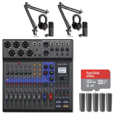 Zoom LiveTrak L-8 8-Channel Digital Mixer / Recorder with 2x ZDM-1 Podcast Microphone Packs, 2x Microphone Boom Arms, 5x AA Batteries and 32GB microSD Card with Adapter image 1