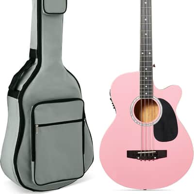 Full Size 4 String Acoustic Electric Bass Guitar Fretted Bass Guitar with Gig Bag (Pink) image 1