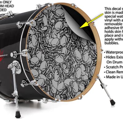 Skin Decal fits 26" Bass Kick Drums Scattered Skulls Gray image 2