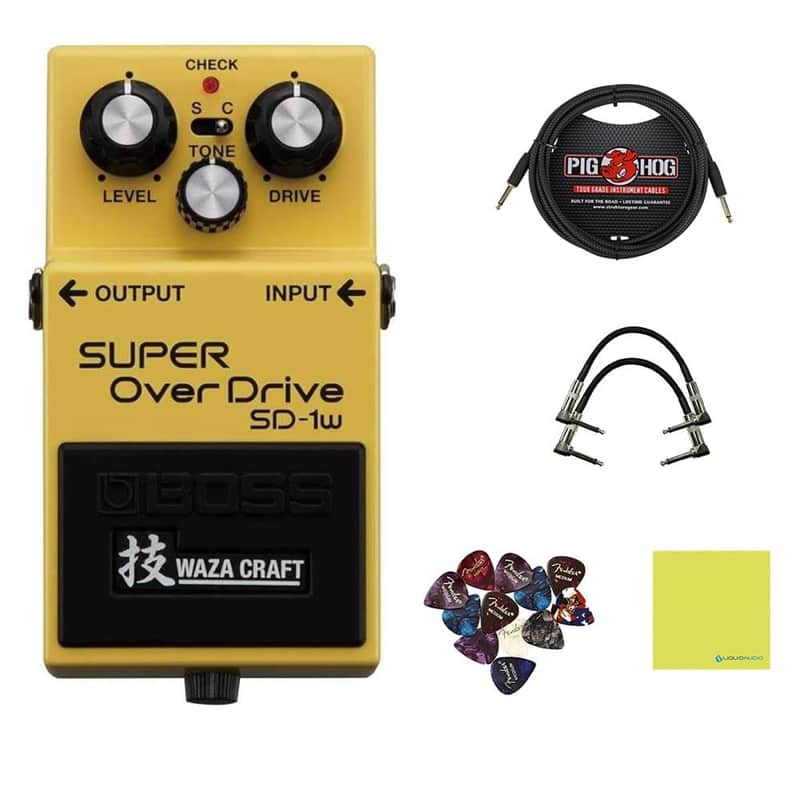 Boss SD-1W SUPER OverDrive Pedal Bundle w/ 2-Pack Strukture S6P48 Woven Right Angle Patch Cable, Pig Hog PCH10BK "Black Woven" Instrument Cable, 12-Pack Guitar Pick and Liquid Audio Polishing Cloth image 1