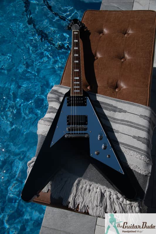 2005 Edwards  E-FV-CTM - Black Flying V w Block Inlays & Mirror Pickguard - EMG H4 & Seymour Duncan PU's - Pro Set Up w Perfect Frets/Action/Intonation! image 1