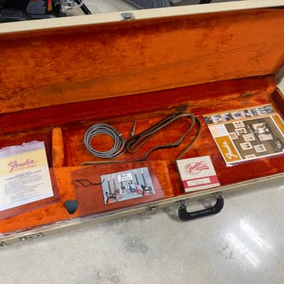 ULTRA RARE 1963-1964 Fender Stratocaster Case and Full case Candy set - strap, polish cloth, hang tags. etc NEAR MINT White Cookies and Cream image 2