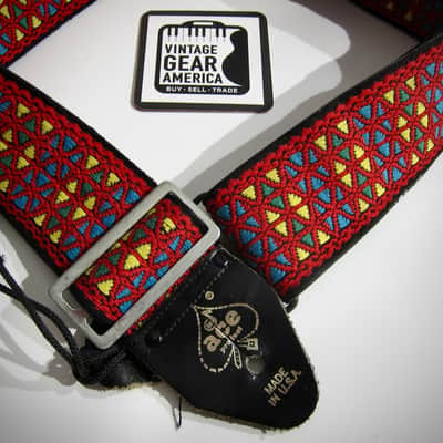 ACE Guitar Strap Red Kaleidoscope Rolling Stones Genuine Vintage Part Circa-1960s-Red with Yellow, Blue & Green Diamonds image 1