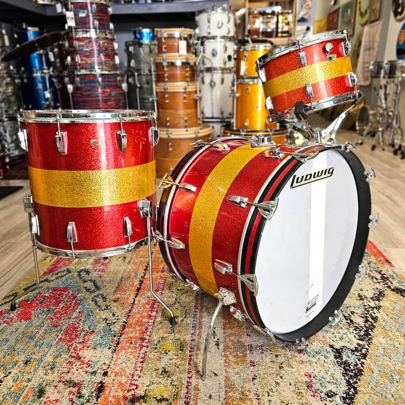 Ludwig Tri-Band Red & Gold Sparkle 3-ply Kit 22-16-12" Blue/Olive Badge image 1