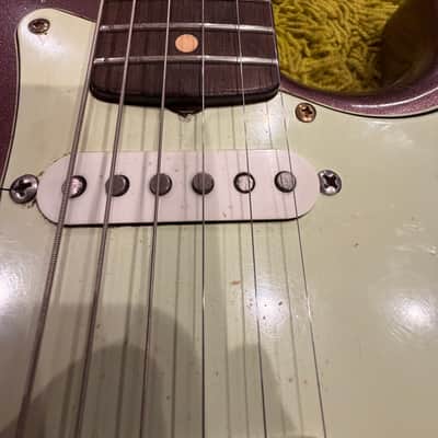 Stratocaster -1963 replica, Chunky highly figured Brazilian Rosewood slab Musikraft neck/ JM Rolph 1963 pickups/ nitro guard /mjt relic Purple Mist body/ relic gold hardware image 21